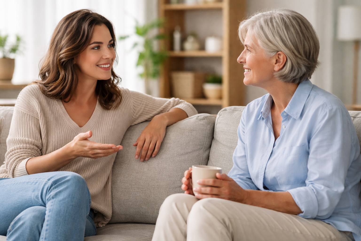 Due persone che parlano sedute in modo rilassato, relazione quotidiana e ascolto